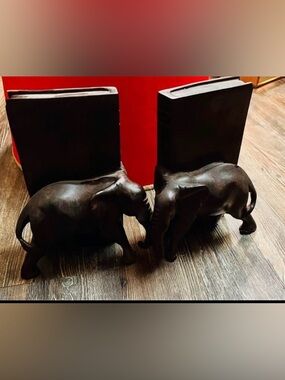 Vintage Handcrafted Elephant Bookends - Dark Brown Home Art by